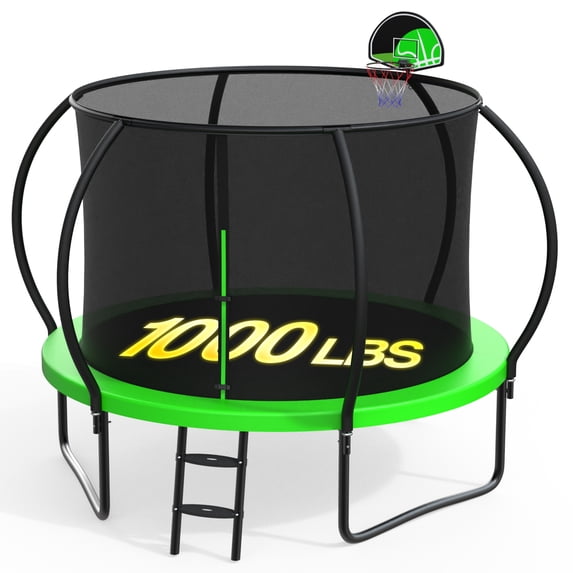 XMIKA 10FT Trampoline with Enclosure, Basketball Hoop, Ladder, Wind Stakes, Outdoor Heavy Duty Galvanized Full Spray Round Trampoline for Adults and Kids, Green