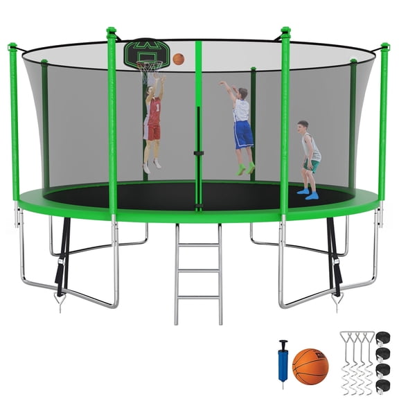 Kumix Trampoline 1200LBS 12FT Trampoline for Kids Adults, Trampoline with Basketball Hoop, Enclosure, Ladder and Wind Stakes, Outdoor Heavy Duty Galvanized Recreational Trampoline for Family