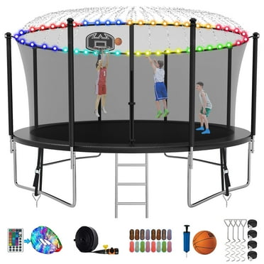 Kumix Trampoline 1200LBS 12FT Trampoline for Kids Adults, Trampoline with Basketball Hoop, Enclosure, Wind Stakes, Lights, Sprinkler and Socks, Outdoor Heavy Duty Galvanized Recreational Trampoline