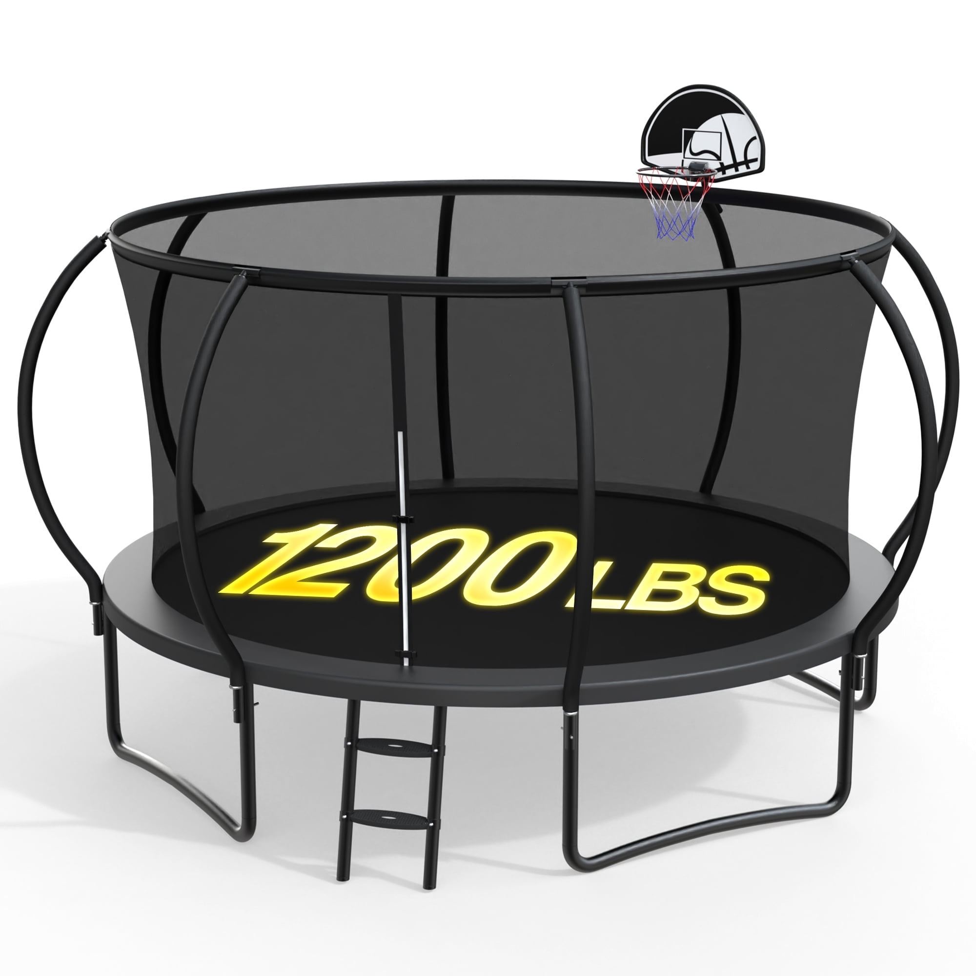 XMIKA 12FT Trampoline with Enclosure, Basketball Hoop, Ladder, Outdoor Trampolines, Heavy Duty Galvanized Full Spray Round Backyard Trampoline for Adults and Kids, 1200lbs Loading, Black