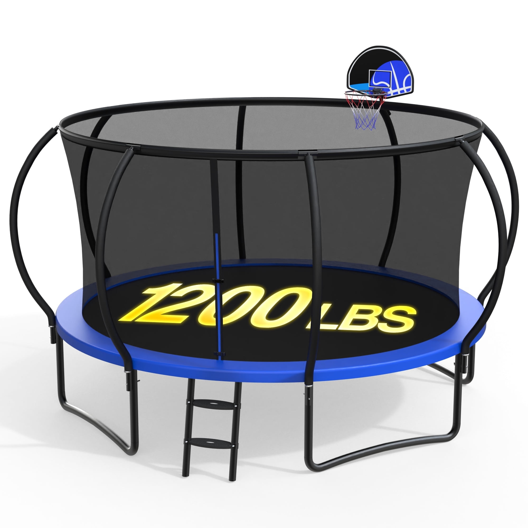 XMIKA 12FT Trampoline with Enclosure, Basketball Hoop, Ladder, Outdoor Trampolines, Heavy Duty Galvanized Full Spray Round Backyard Trampoline for Adults and Kids, 1200lbs Loading, Blue