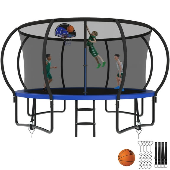Kumix 12FT Trampoline with Enclosure, Basketball Hoop, Ladder, Wind Stakes, Outdoor Heavy Duty Galvanized Full Spray Round Trampoline for Adults and Kids, Blue