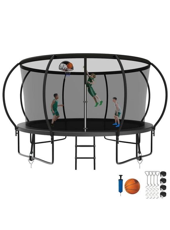 Kumix Trampoline, 12FT 14FT 15FT 16FT Trampoline with Enclosure, Basketball Hoop, Wind Stakes, 1200LBS Trampoline for 6-7 Kids/2-3 Adults, Outdoor Heavy Duty Galvanized Full Spray Pumpkin Trampoline
