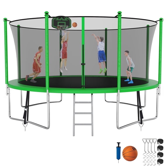 XMIKA Trampoline 1400LBS 14FT Trampoline for Kids Adults, Trampoline with Basketball Hoop, Enclosure, Ladder and Wind Stakes, Outdoor Heavy Duty Galvanized Recreational Trampoline for Family