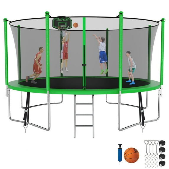 Kumix Trampoline 1400LBS 14FT Trampoline for Kids Adults, Trampoline with Basketball Hoop, Enclosure, Ladder and Wind Stakes, Outdoor Heavy Duty Galvanized Recreational Trampoline for Family