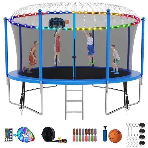 XMIKA Trampoline 1400LBS 14FT Trampoline for Kids Adults, Trampoline with Basketball Hoop, Enclosure, Wind Stakes, Lights, Sprinkler and Socks, Outdoor Heavy Duty Galvanized Recreational Trampoline