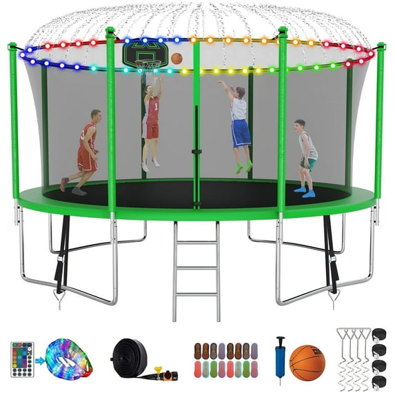 Kumix Trampoline 1400LBS 14FT Trampoline for Kids Adults, Trampoline with Basketball Hoop, Enclosure, Wind Stakes, Lights, Sprinkler and Socks, Outdoor Heavy Duty Galvanized Recreational Trampoline