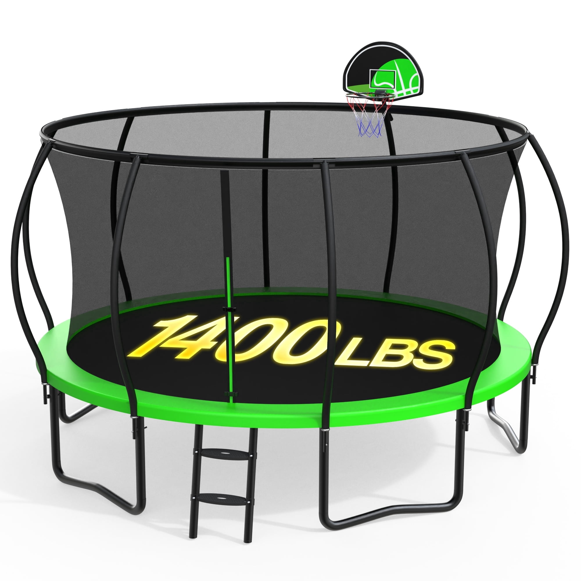 XMIKA 14FT Trampoline with Enclosure, Basketball Hoop, Ladder, Outdoor Trampolines, Heavy Duty Galvanized Full Spray Round Backyard Trampoline for Adults and Kids, 1400lbs Loading, Green