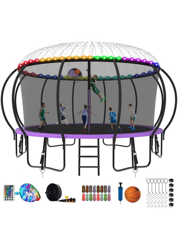 Kumix Trampoline 1500LBS 8 10 12 14 15 16FT Trampoline for Adults and Kids, Trampoline with Enclosure, Basketball Hoop, Wind Stakes and More Gifts, Galvanized Anti-Rust Outdoor Trampoline, Purple
