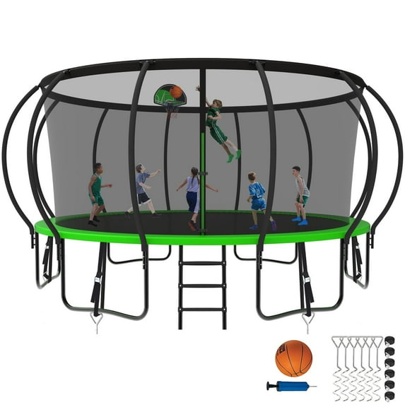 Kumix Trampoline 16FT, 1500LBS Trampoline for 5-6 Adults/ 8-10 Kids, Trampoline with Enclosure, Basketball Hoop, Wind Stakes, Ladder, Outdoor Heavy Duty Galvanized Full Spray Pumpkin Trampoline