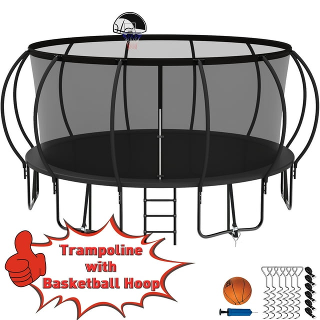 Kumix Trampoline 16FT 1500LBS Trampoline for 5-6 Adults/ 10 Kids, Recreational Trampoline with Enclosure, Basketball Hoop, Wind Stakes, Outdoor Galvanized Full Spray Trampoline, No Gap Design