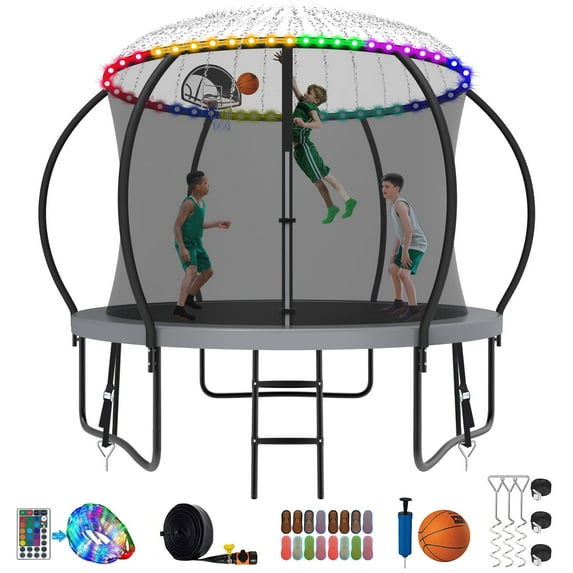 Kumix Trampoline 8 10 12 14 15 16FT, 1000LBS Upgraded Trampoline for 3-4 Kids with Light, Sprinkler, Socks, Recreational Trampoline with Basketball Hoop, Wind Stakes, Outdoor No Gap Dsign Trampoline