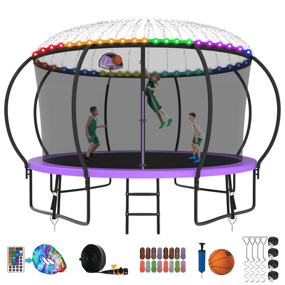 Kumix Trampoline 8 10 12 14 15 16FT, 1200LBS Upgraded Trampoline for 1-2 Adults/ 6-7 Kids with Light, Sprinkler, Socks, Recreational Trampoline with Basketball Hoop, Wind Stakes, No Gap Trampoline