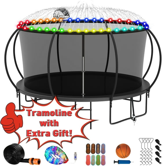 Kumix Trampoline 12FT 1200LBS Trampoline for 1-2 Adults/ 6-7 Kids, Recreational Trampoline with Enclosure, Basketball Hoop, Wind Stakes and More Gifts, Outdoor Galvanized Full Spray Trampoline