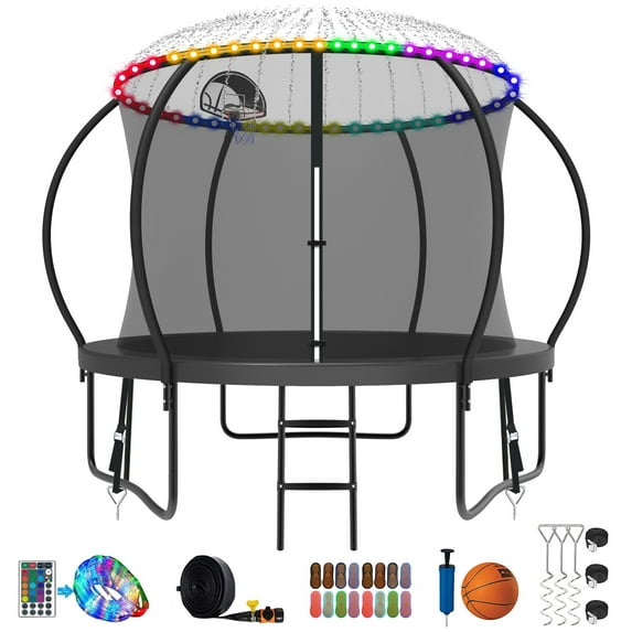 Kumix Trampoline 8 10 12 14 15 16FT, 800LBS Upgraded Trampoline for 2-3 Kids with Light, Sprinkler, Socks, Recreational Trampoline with Basketball Hoop, Wind Stakes, Outdoor No Gap Dsign Trampoline