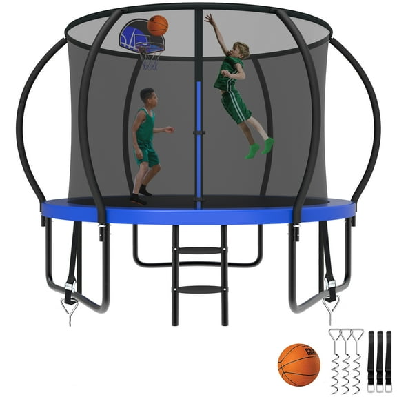 Kumix 8FT Trampoline with Enclosure, Basketball Hoop, Ladder, Wind Stakes, Outdoor Heavy Duty Galvanized Full Spray Round Trampoline for Adults and Kids, Blue