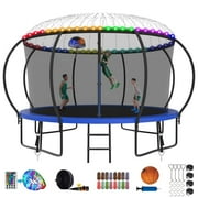 Kumix Trampoline for Adults and 5-6 Kids, 12FT 14FT Trampoline with Enclosure, Basketball Hoop, Light, Sprinkler, Socks, Wind Stakes, 1200LBS Outdoor Heavy Duty Galvanized Full Spray Trampoline, Blue
