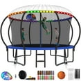 thumbnail image 1 of Kumix 12FT Trampoline with Enclosure, Basketball Hoop, LED Light, Sprinkler, Socks, Wind Stakes, Outdoor Heavy Duty Galvanized Full Spray Round Trampoline for Adults and Kids, Blue, 1 of 8