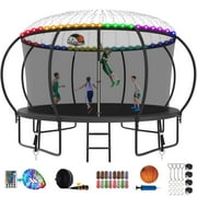 Kumix Trampoline for Adults and 7-8 Kids, 14FT Trampoline with Enclosure, Basketball Hoop, Light, Sprinkler, Socks, Wind Stakes, 1400LBS Outdoor Heavy Duty Galvanized Full Spray Trampoline, Black