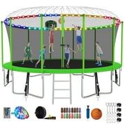 Kumix Trampoline with Enclosure, 1500LBS 16FT Trampoline for Kids Adults, Trampoline with Basketball Hoop, Ladder, Lights, Sprinkler and Socks, Outdoor Heavy Duty Trampoline for Family
