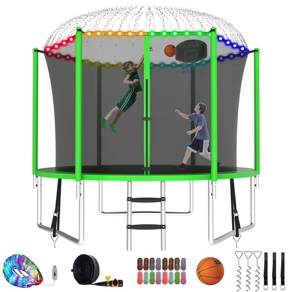 XMIKA Trampoline with Enclosure Net for Kids and Adults, 1000LBS Capacity 10FT Trampoline with Basketball Hoop, Ladder, LED Lights, Sprinkler, Socks, Wind Stakes, Outdoor Heavy Duty Trampoline, Green