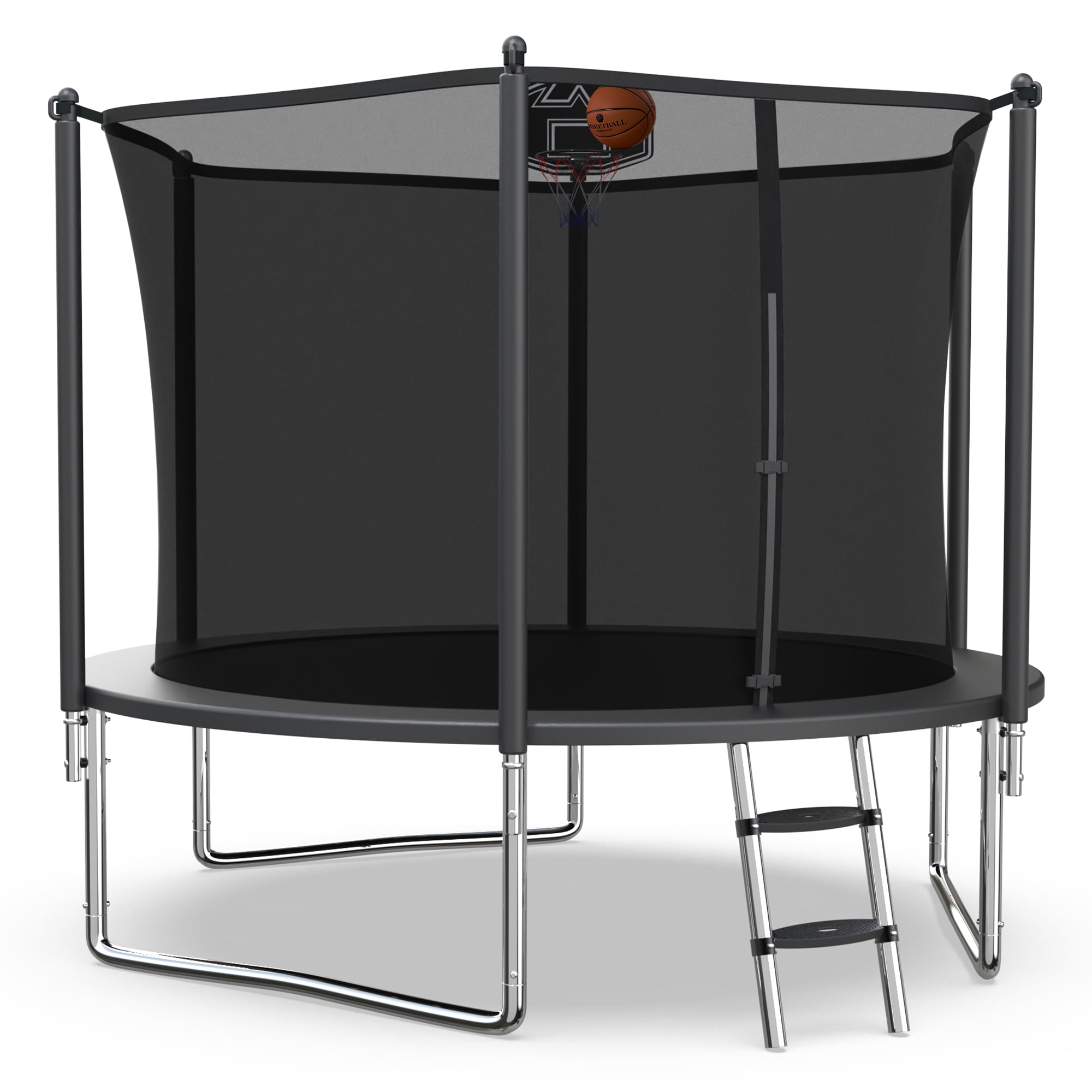 XMIKA Trampoline with Enclosure Net for Kids and Adults, 1000LBS Capacity 10FT Trampoline with Basketball Hoop, Ladder, Outdoor Heavy Duty Trampoline, Black