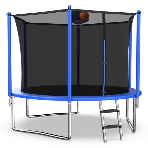 XMIKA Trampoline with Enclosure Net for Kids and Adults, 1000LBS Capacity 10FT Trampoline with Basketball Hoop, Ladder, Outdoor Heavy Duty Trampoline, Blue