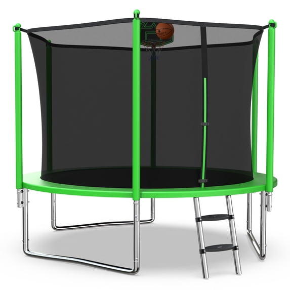 XMIKA Trampoline with Enclosure Net for Kids and Adults, 1000LBS Capacity 10FT Trampoline with Basketball Hoop, Ladder, Outdoor Heavy Duty Trampoline, Green