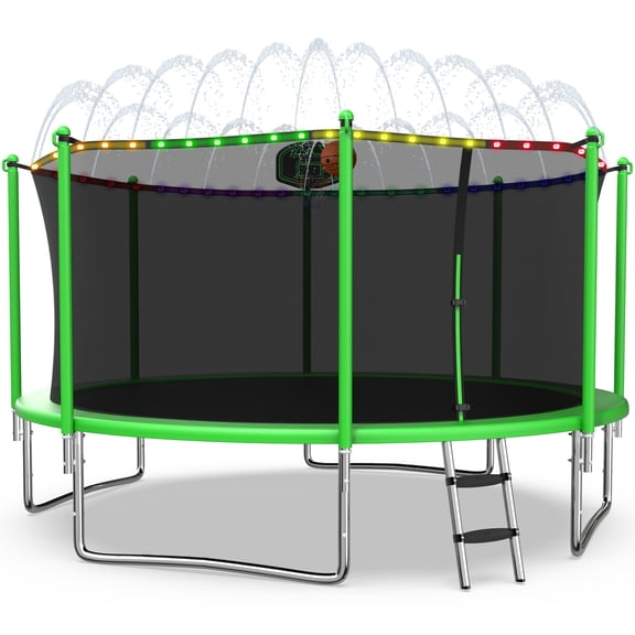 XMIKA Trampoline with Enclosure Net for Kids and Adults, 1200LBS Capacity 12FT Trampoline with Basketball Hoop, Ladder, LED Lights, Sprinkler, Outdoor Heavy Duty Trampoline, Green