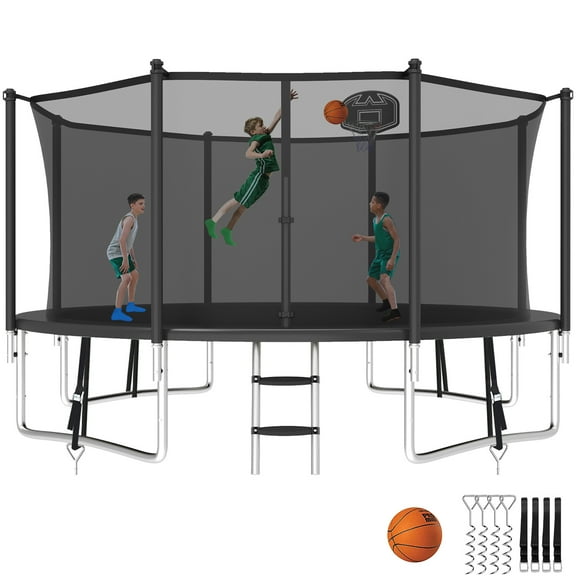 Kumix Trampoline with Enclosure Net for Kids and Adults, 1200LBS Capacity 12FT Trampoline with Basketball Hoop, Ladder, Wind Stakes, Outdoor Heavy Duty Trampoline, Black