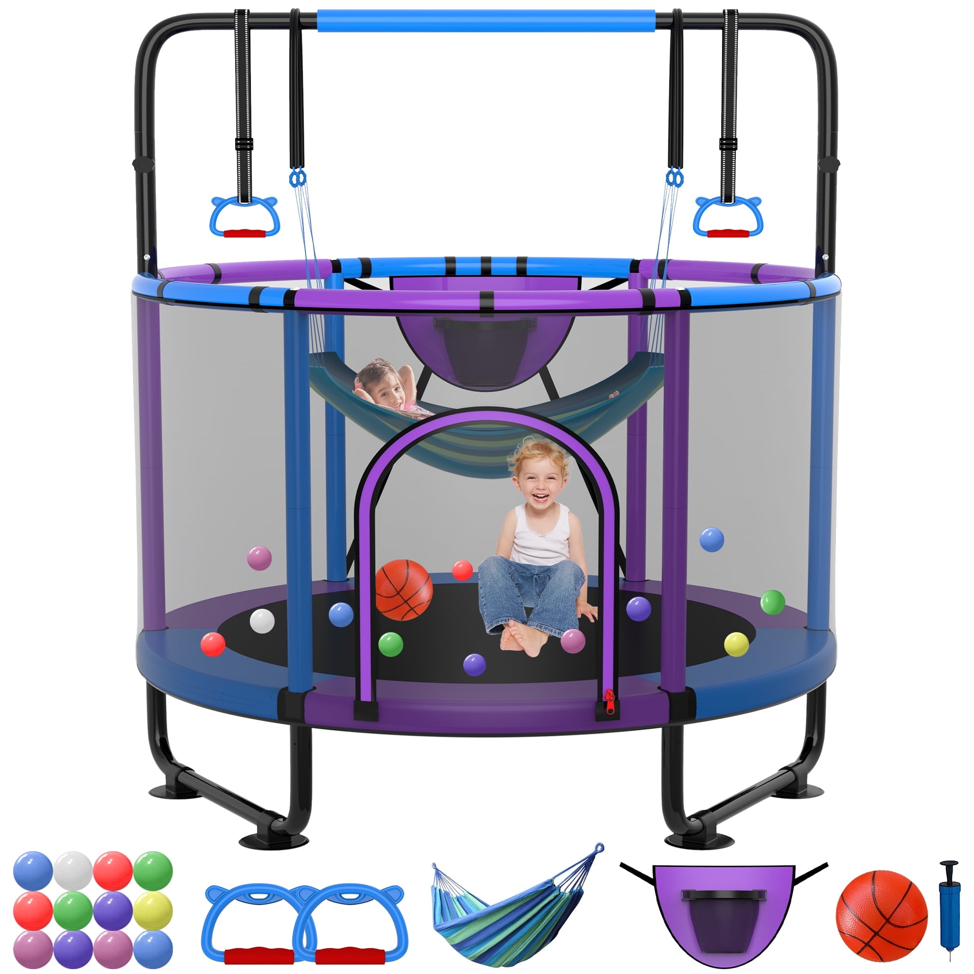 Kumix Trampolines for Kids 60'', Mini Trampoline for Toddlers with Enclosure, Swings, Basketball Hoop, Adjustable Bars and Rings, 400LBS No-Gap Kumix Trampolines for Kids 60'', Mini Trampoline for Toddlers with Enclosure, Swings, Basketball Hoop, Adjustable Bars and Rings, 400LBS No-Gap