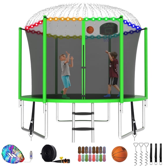 Kumix Trampoline with Enclosure Net for Kids and Adults, 800LBS Capacity 8FT Trampoline with Basketball Hoop, Ladder, LED Lights, Sprinkler, Socks, Wind Stakes, Outdoor Heavy Duty Trampoline, Green