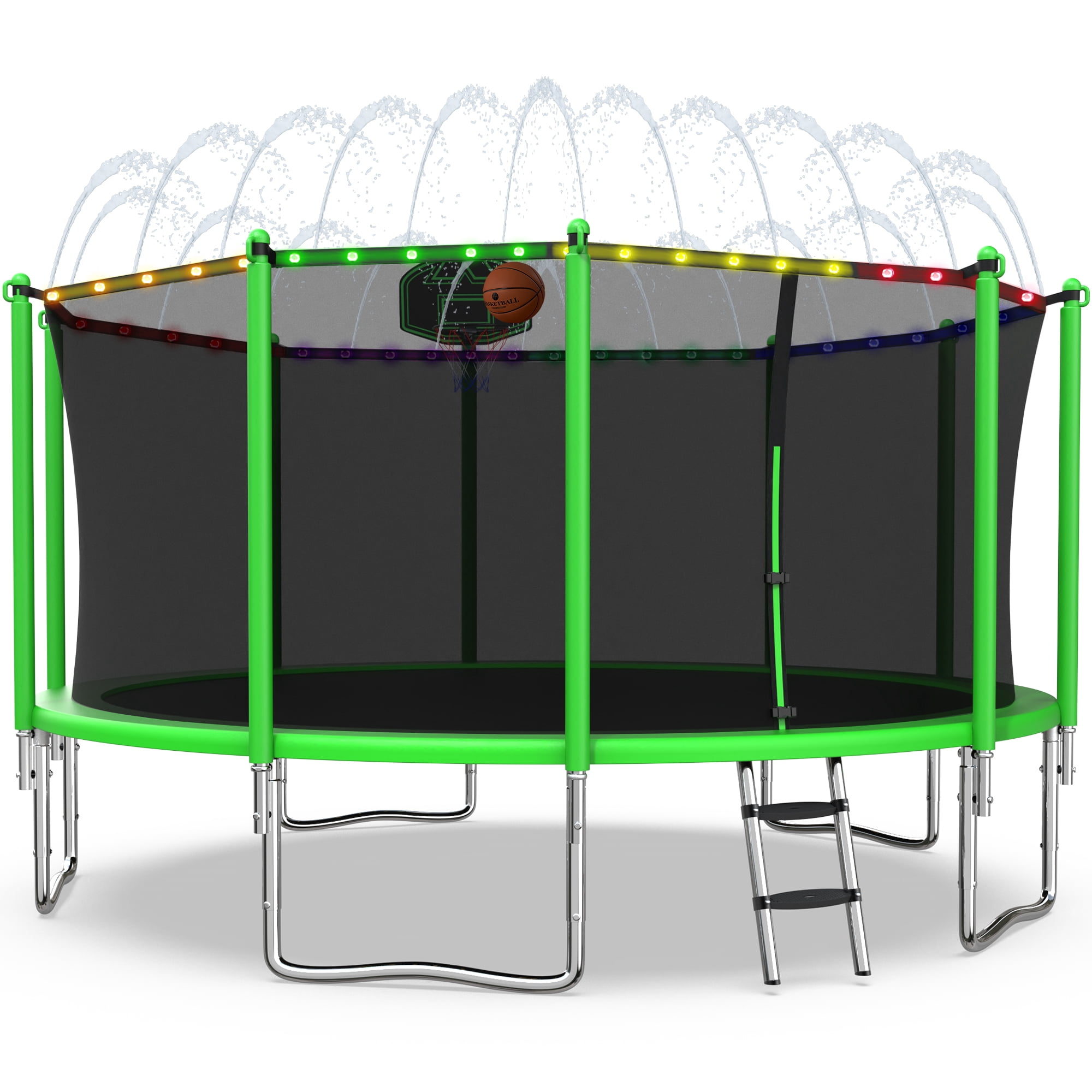 XMIKA Trampoline with Enclosure Net for Kids and Adults, 1400LBS Capacity 14FT Trampoline with Basketball Hoop, Ladder, LED Lights, Sprinkler, Outdoor Heavy Duty Trampoline, Green