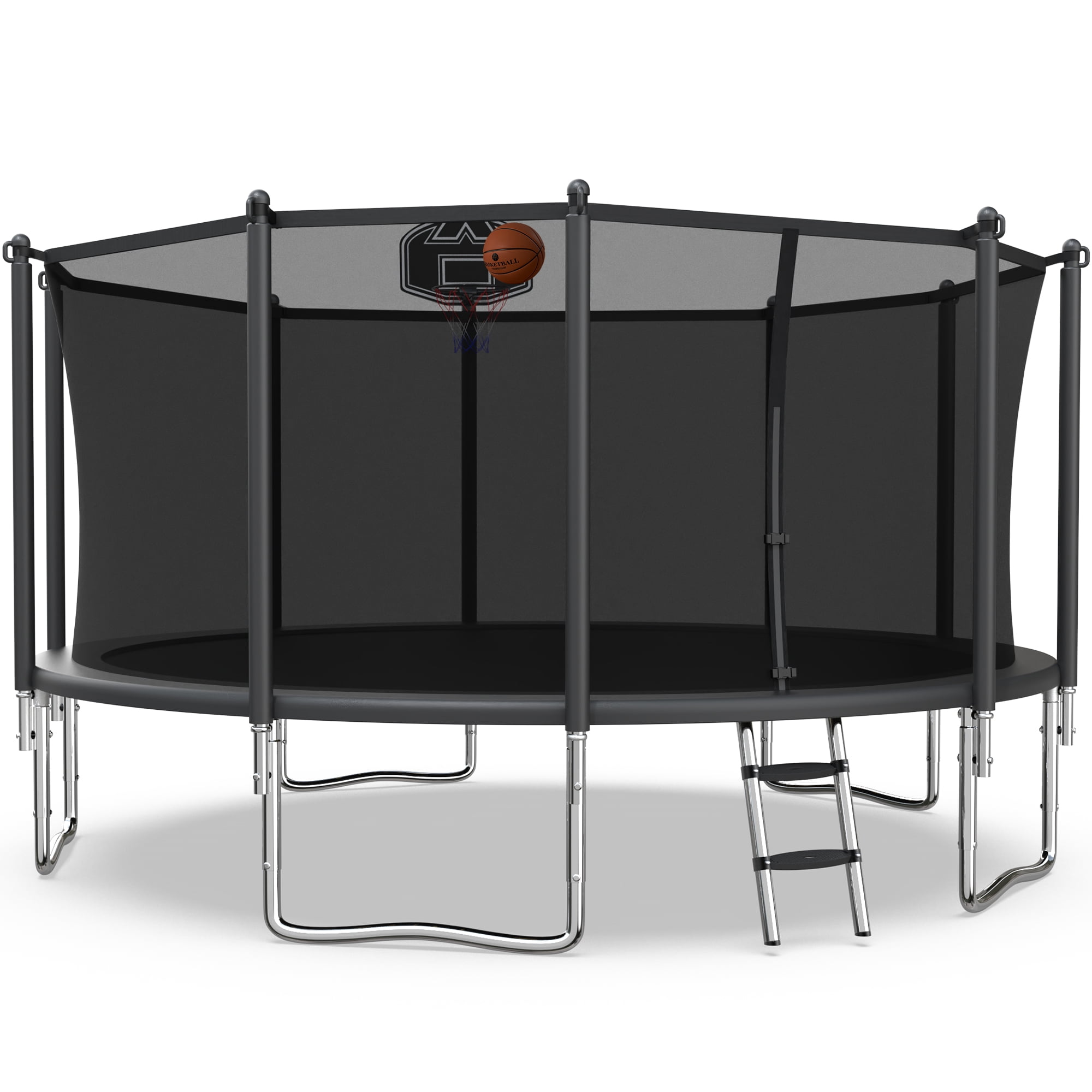 XMIKA Trampoline with Enclosure Net for Kids and Adults, 1400LBS Capacity 14FT Trampoline with Basketball Hoop, Ladder, Outdoor Heavy Duty Trampoline, Black