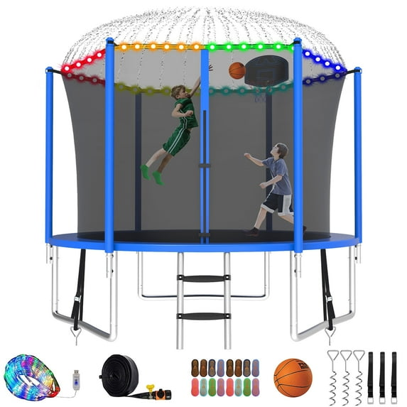 Kumix Trampoline with Enclosure Net for Kids and Adults, 1000LBS Capacity 10FT Trampoline with Basketball Hoop, Ladder, LED Lights, Sprinkler, Socks, Wind Stakes, Outdoor Heavy Duty Trampoline, Blue