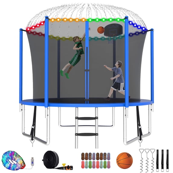 XMIKA Trampoline with Enclosure Net for Kids and Adults, 1000LBS Capacity 10FT Trampoline with Basketball Hoop, Ladder, LED Lights, Sprinkler, Socks, Wind Stakes, Outdoor Heavy Duty Trampoline, Blue