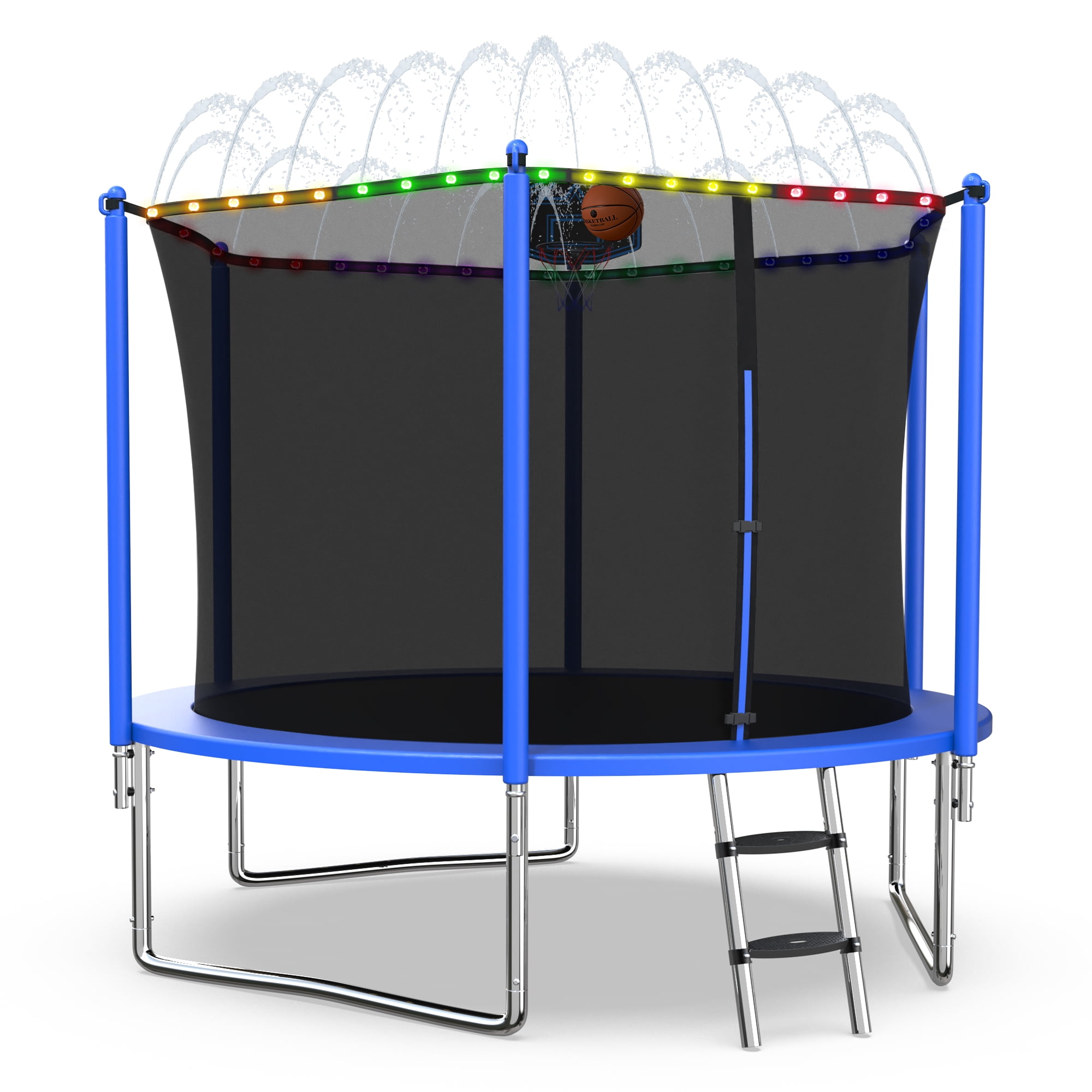 XMIKA Trampoline with Enclosure Net for Kids and Adults, 1000LBS Capacity 10FT Trampoline with Basketball Hoop, Ladder, LED Lights, Sprinkler, Outdoor Heavy Duty Trampoline, Blue