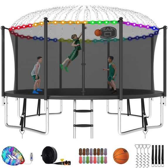 Kumix Trampoline with Enclosure Net for Kids and Adults, 1200LBS Capacity 12FT Trampoline with Basketball Hoop, Ladder, LED Lights, Sprinkler, Socks, Wind Stakes, Outdoor Heavy Duty Trampoline, Black
