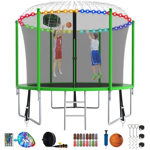 Kumix Trampoline for Kids, 10FT Trampoline with Enclosure, Basketball Hoop and Ladder, 1000LBS Capacity for 3-4 Kids, Outdoor/Indoor Round Recreational Trampoline with Extra Gift