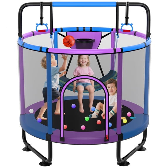 XMIKA Trampoline for Kids, 54'' Toddler Trampoline with Enclosure, Swing, Basketball Hoop, 4.5FT Indoor/Outdoor Trampoline with Adjustable Gymnastics Bars, Rings, Mini Trampoline for Boy and Girls