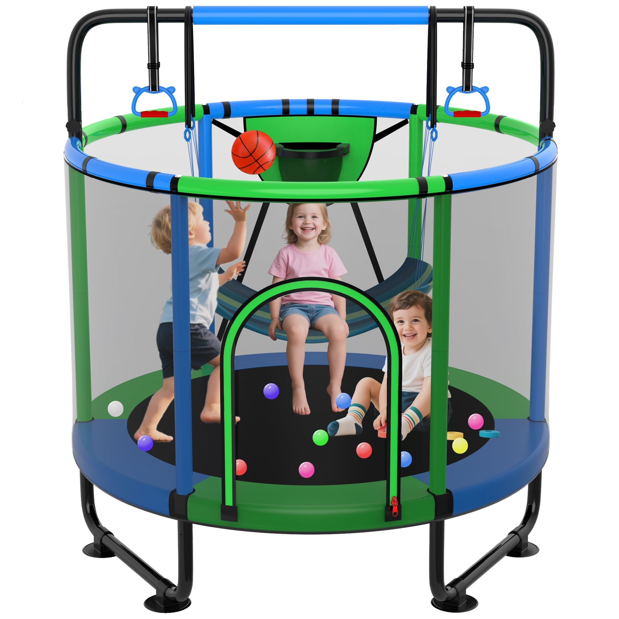 XMIKA Trampoline for Kids, 54'' Toddler Trampoline with Enclosure, Swing, Basketball Hoop, 4.5FT Indoor/Outdoor Trampoline with Adjustable Gymnastics Bars, Rings, Mini Trampoline for Boy and Girls