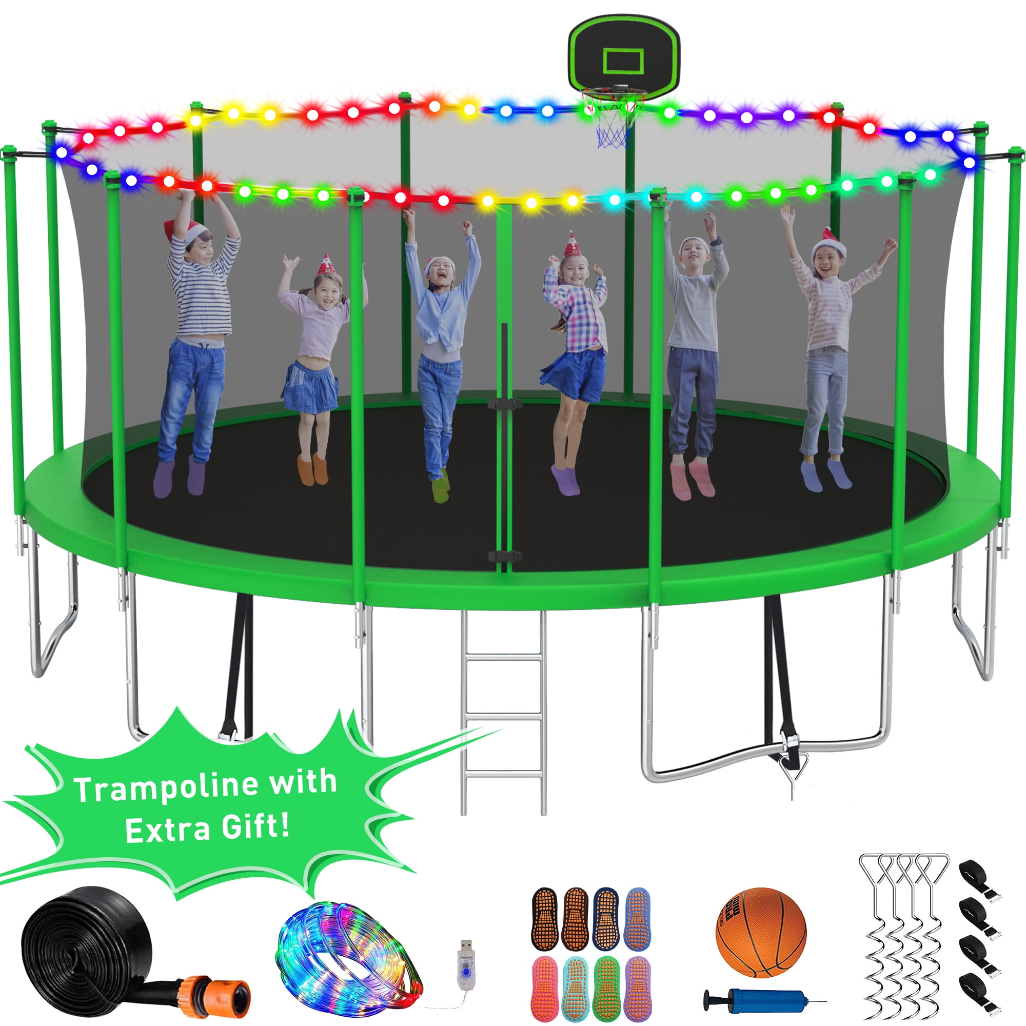XMIKA Trampoline for Kids, 60'' Toddler Trampoline with Enclosure, Swing, Basketball Hoop, 5FT Indoor/Outdoor Trampoline with Adjustable Gymnastics Bars, Rings, Mini Trampoline for Boy and Girls