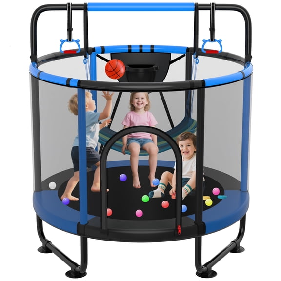 XMIKA Trampoline for Kids, 60'' Toddler Trampoline with Enclosure, Swing, Basketball Hoop, 5FT Indoor/Outdoor Trampoline with Adjustable Gymnastics Bars, Rings, Mini Trampoline for Boy and Girls