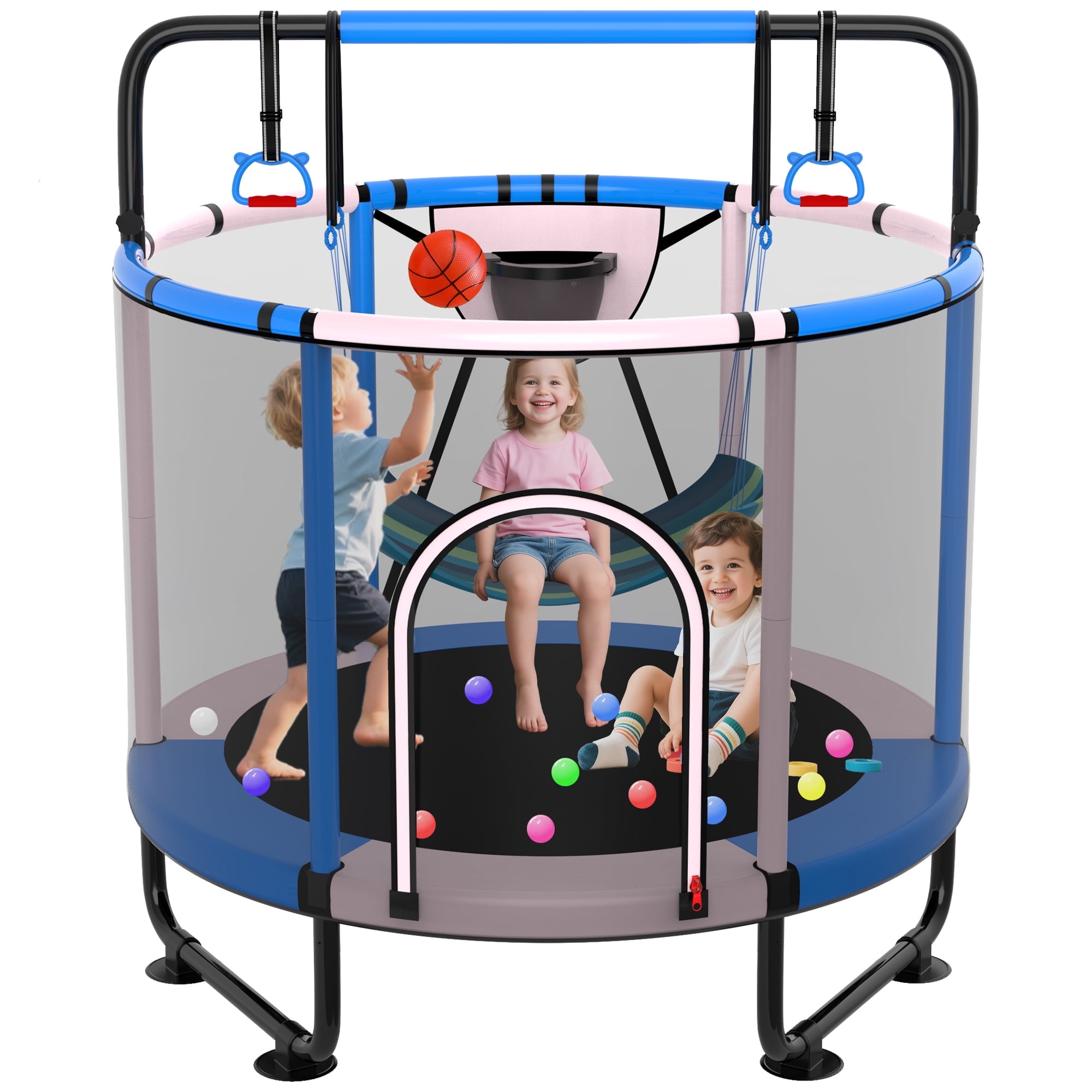 XMIKA Trampoline for Kids, 60'' Toddler Trampoline with Enclosure, Swing, Basketball Hoop, 5FT Indoor/Outdoor Trampoline with Adjustable Gymnastics Bars, Rings, Mini Trampoline for Boy and Girls