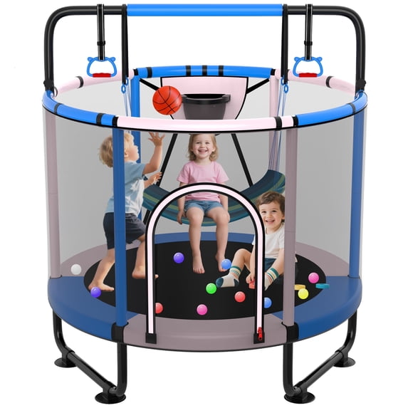 XMIKA Trampoline for Kids, 60'' Toddler Trampoline with Enclosure, Swing, Basketball Hoop, 5FT Indoor/Outdoor Trampoline with Adjustable Gymnastics Bars, Rings, Mini Trampoline for Boy and Girls