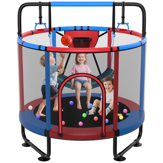 XMIKA Trampoline for Kids, 66'' Toddler Trampoline with Enclosure, Swing, Basketball Hoop, 5.5FT Indoor/Outdoor Trampoline with Adjustable Gymnastics Bars, Rings, Mini Trampoline for Boy and Girls