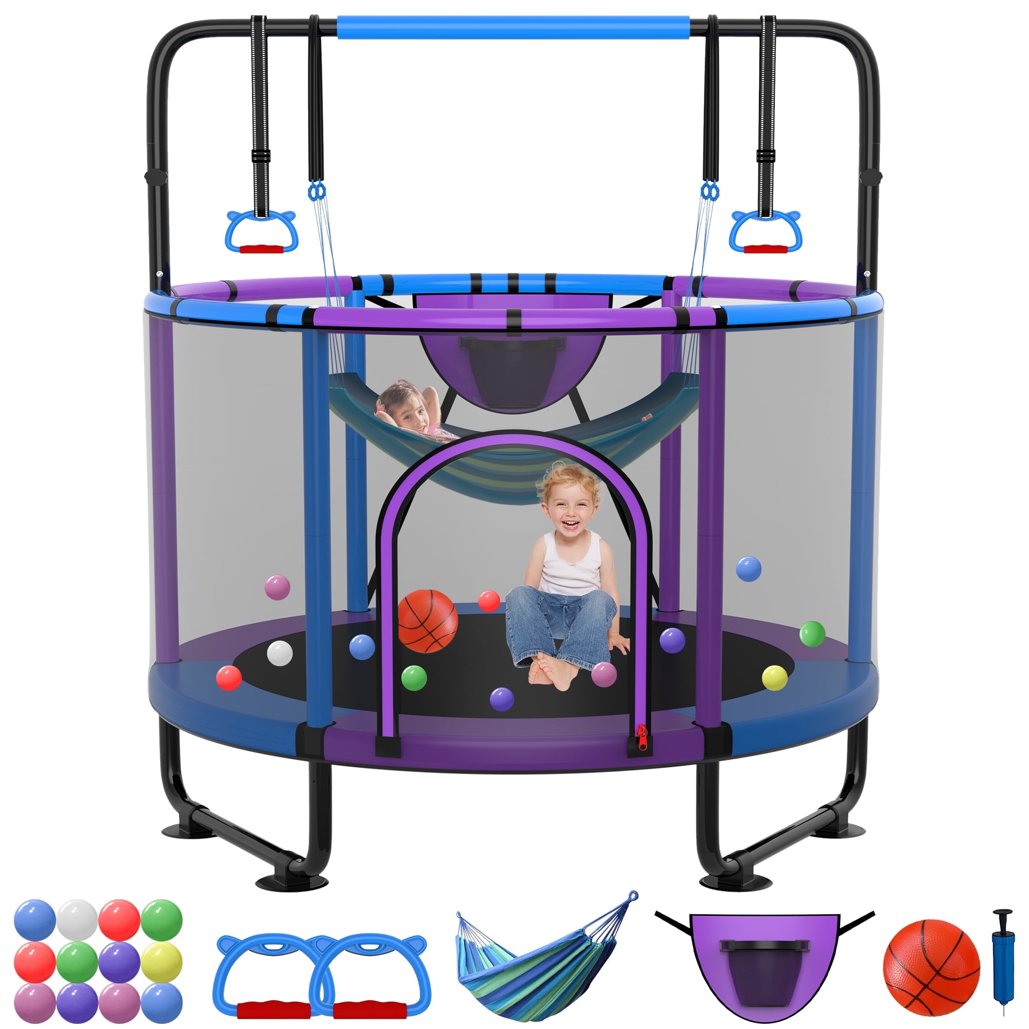 SKYSHALO 5FT. Trampoline for Kids, Basketball Hoop and Ocean