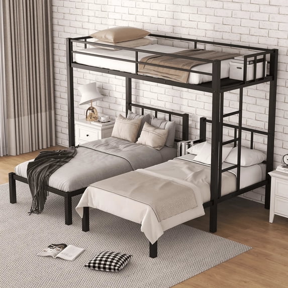 Jump Into Fun Triple Bunk Bed, Metal Twin over Twin and Twin Bunk Bed with Ladder, Full-Length Guardrail, 3 Beds Bunk Bed Can Convertible into 3 Twin Beds for Kids, Teens, Adults, Noise Free, Black