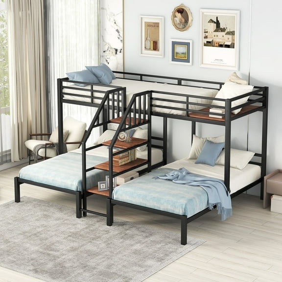 Kumix Triple Bunk Bed, Metal Twin over Twin and Twin Bunk Bed with Storage Stairs, Full-Length Guardrail, Triple Bunk Beds for 3 Teens Adults, Noise Free, Black