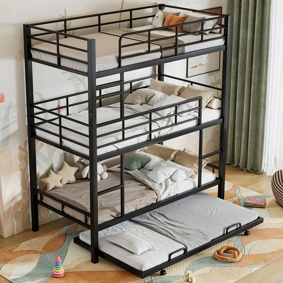 Kumix Triple Bunk Bed with Trundle, Twin over Twin and Twin Bunk Bed with Full Length Guardrail and Ladder for Teens Adults, Able to Split, 4 in 1 Bunk Beds with Twin Trundle, Noise-Free, Black